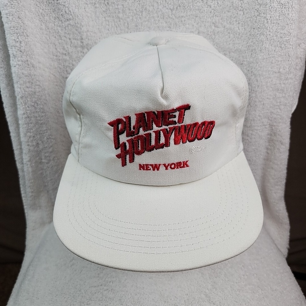 VTG Planet Hollywood New York Trucker Hat Cap White Strapback Red Logo Made USA